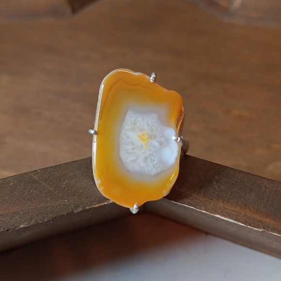 Hand Crafted Jewelry - Orange Solar Agate slice gemstone ring,  sz 7.25